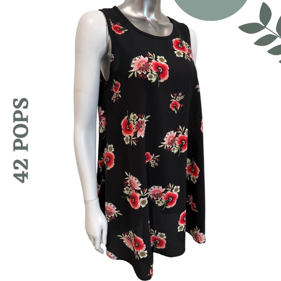 🛍️3/$40 42 POPS Floral Sleeveless Black Red Shift Dress – Size Medium - Picture 3 of 6